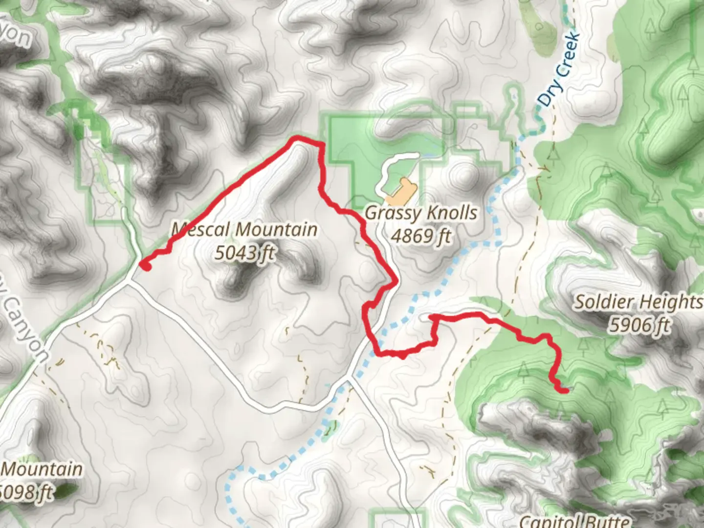 An image depicting the trail Deadman's Pass Trail and Devils Bridge Trail and its surrounding area.