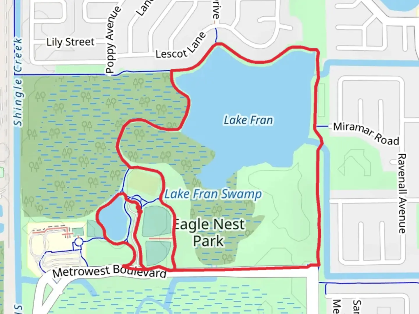An image depicting the trail Lake Fran and Eagle Nest Park Loop and its surrounding area.