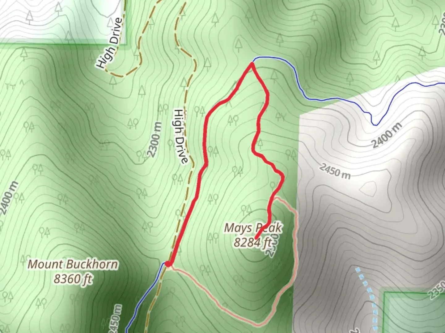 An image depicting the trail Mays Peak via Captain Jacks Trail and its surrounding area.
