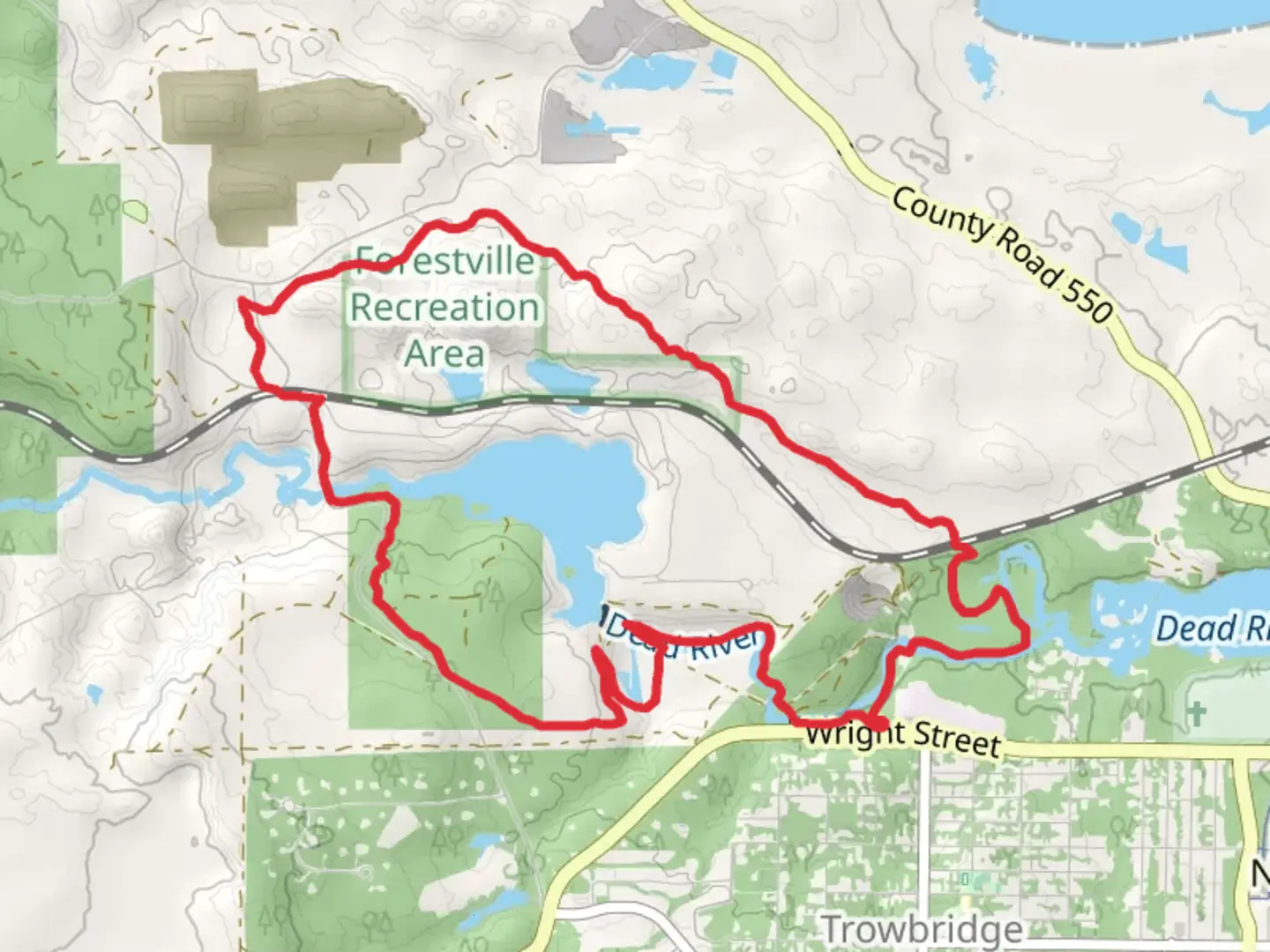 An image depicting the trail The Oxbow, North Country and Silver Lead Loop Trail and its surrounding area.