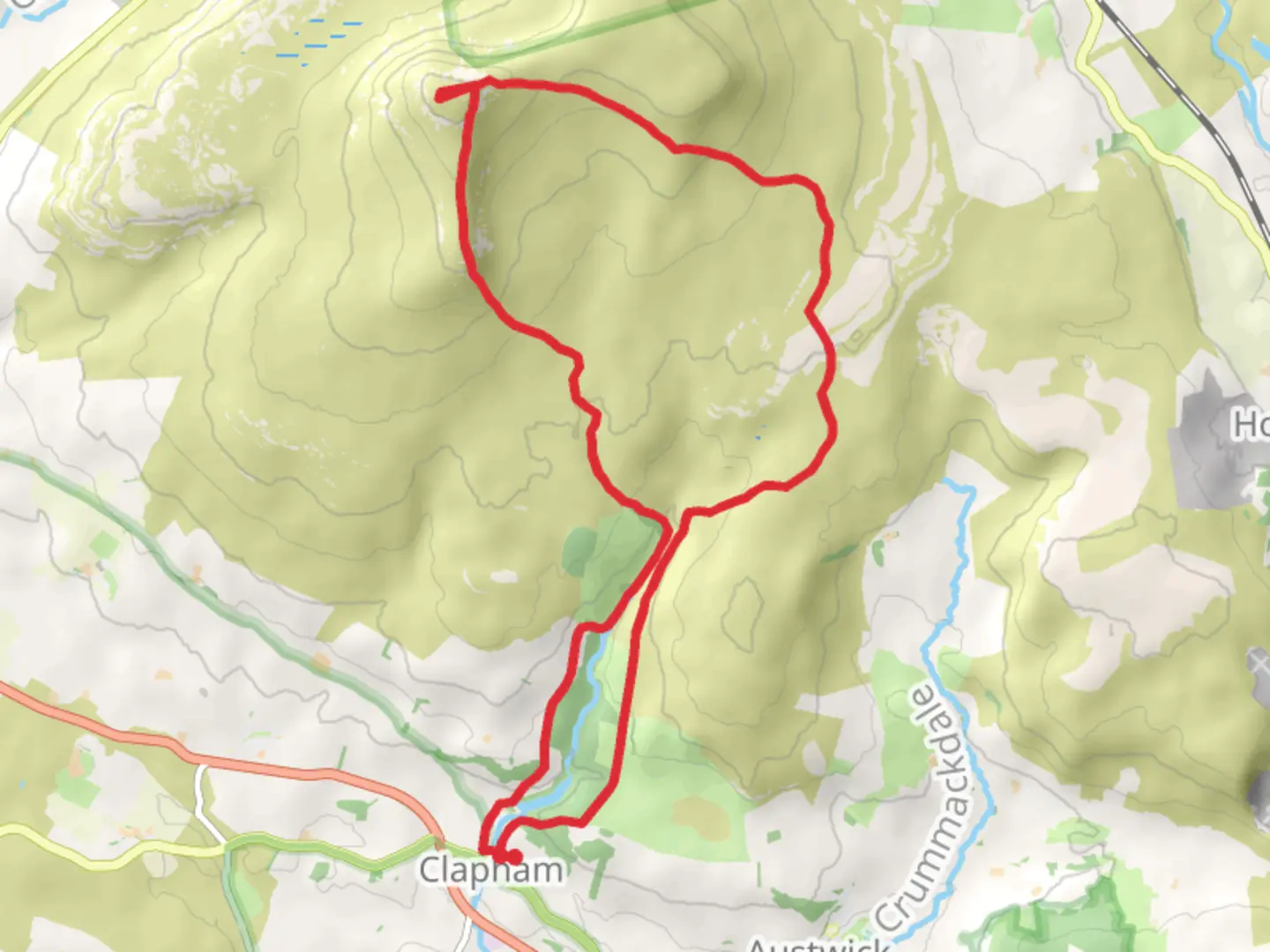 An image depicting the trail Ingleborough from Clapham and its surrounding area.