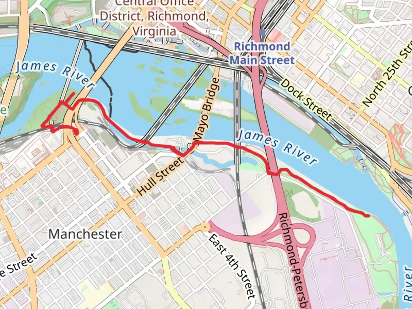 An image depicting the trail Old Manchester Bridge Path and Richmond Slave Trail and its surrounding area.