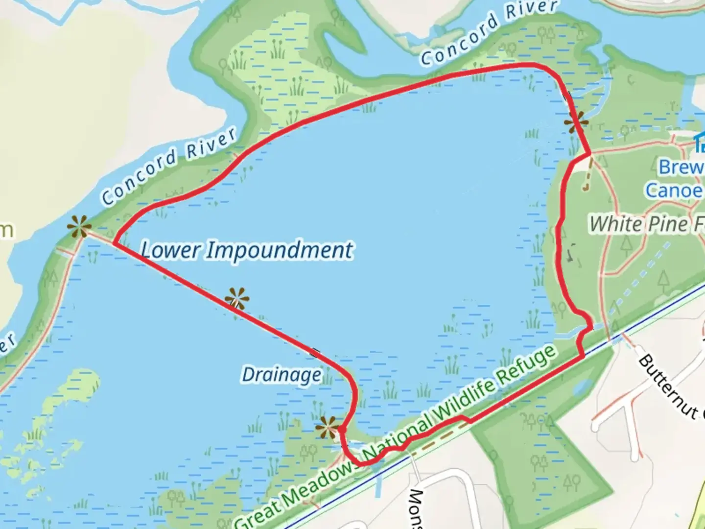 An image depicting the trail Great Meadows Bird Observer Loop Trail and its surrounding area.