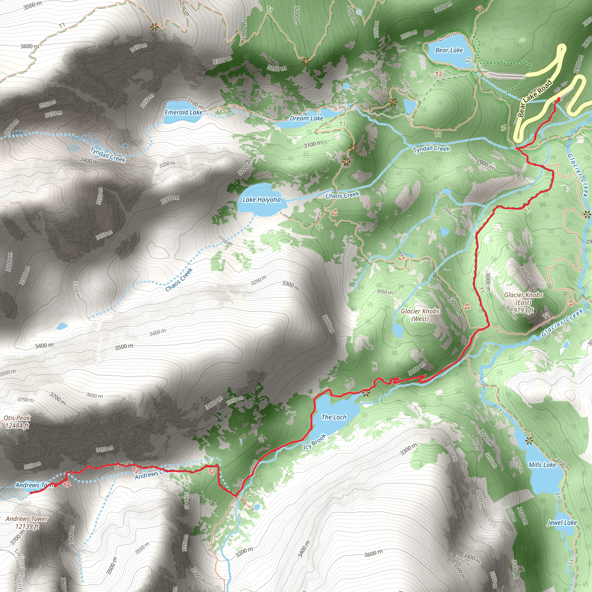 Andrews Glacier via Sky Pond Trail mobile static map