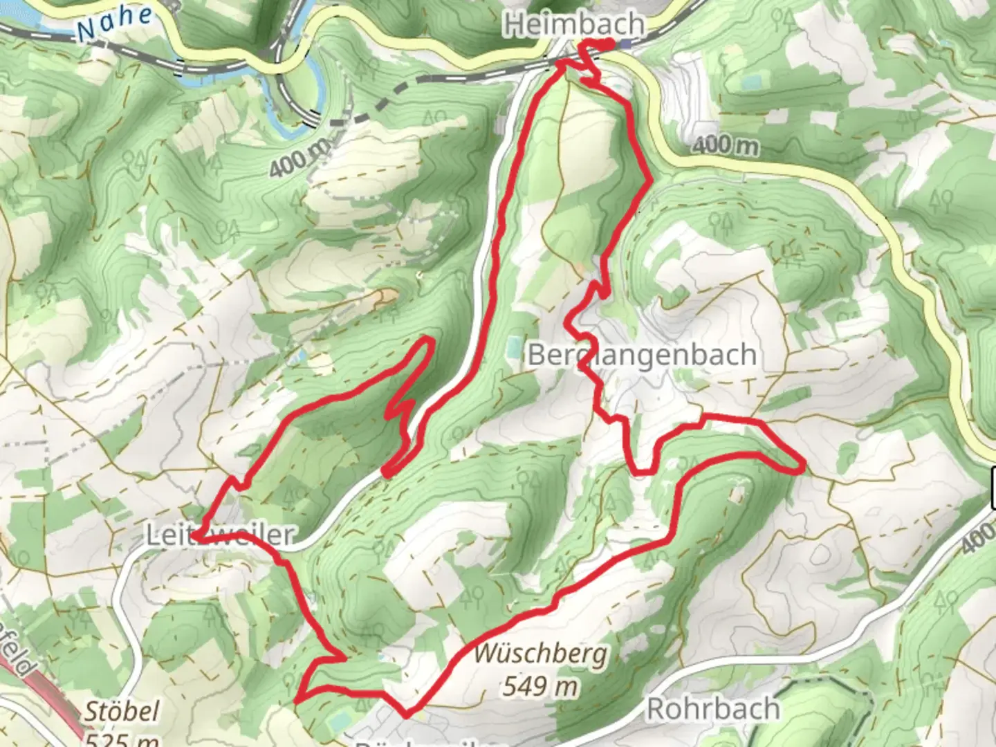 An image depicting the trail Heimbach to Leitzweiler Loop and its surrounding area.