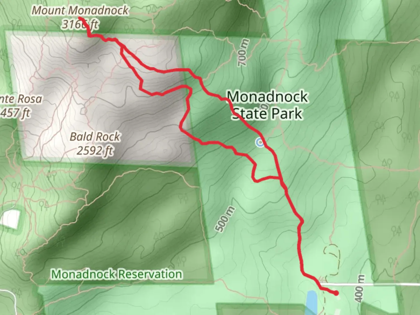 An image depicting the trail Mount Monadnock Loop via White Dot Trail and its surrounding area.