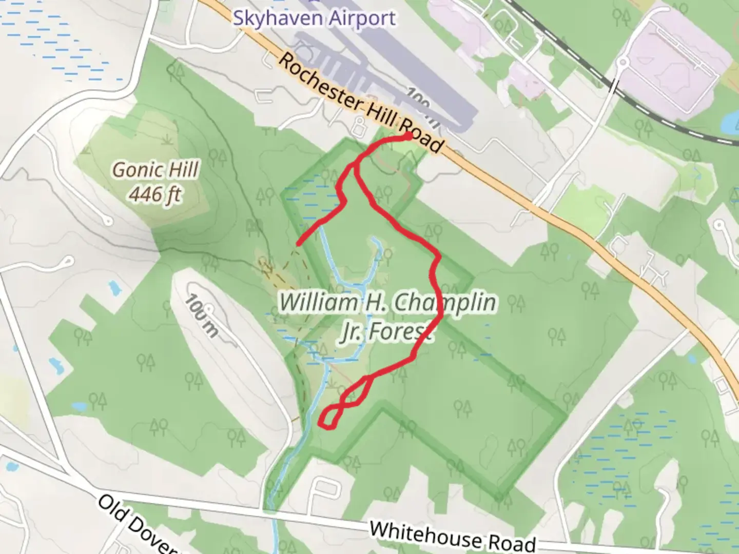 An image depicting the trail Former Granite Quary and William H Champlin Jr Forest and its surrounding area.