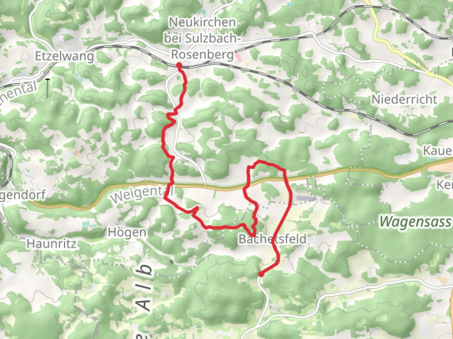 An image depicting the trail Neukirchen to Rumpelfels via Gelbring and its surrounding area.