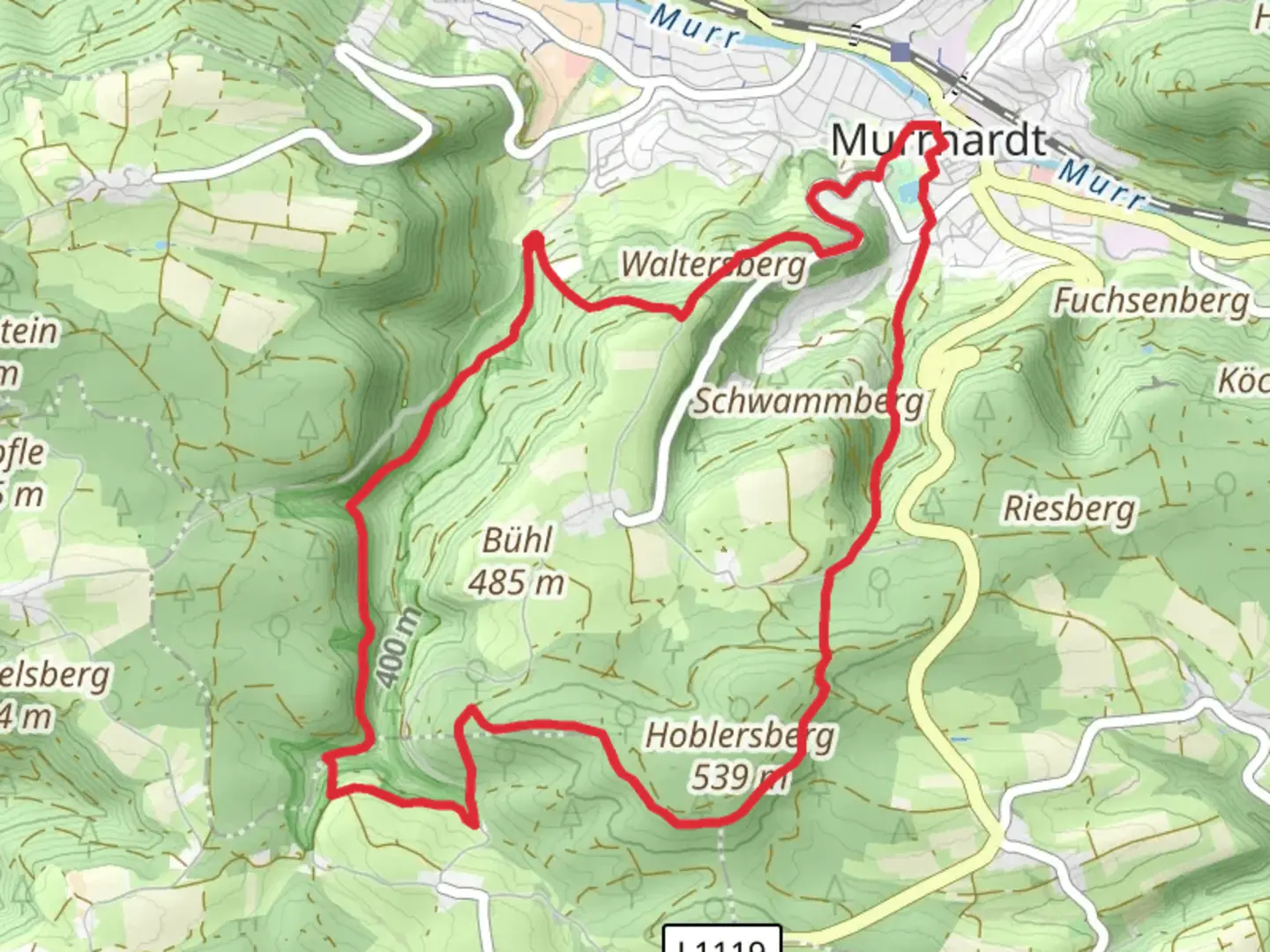 An image depicting the trail Feuersee via Wasserfallweg and Feenspuren Waldklingen and its surrounding area.