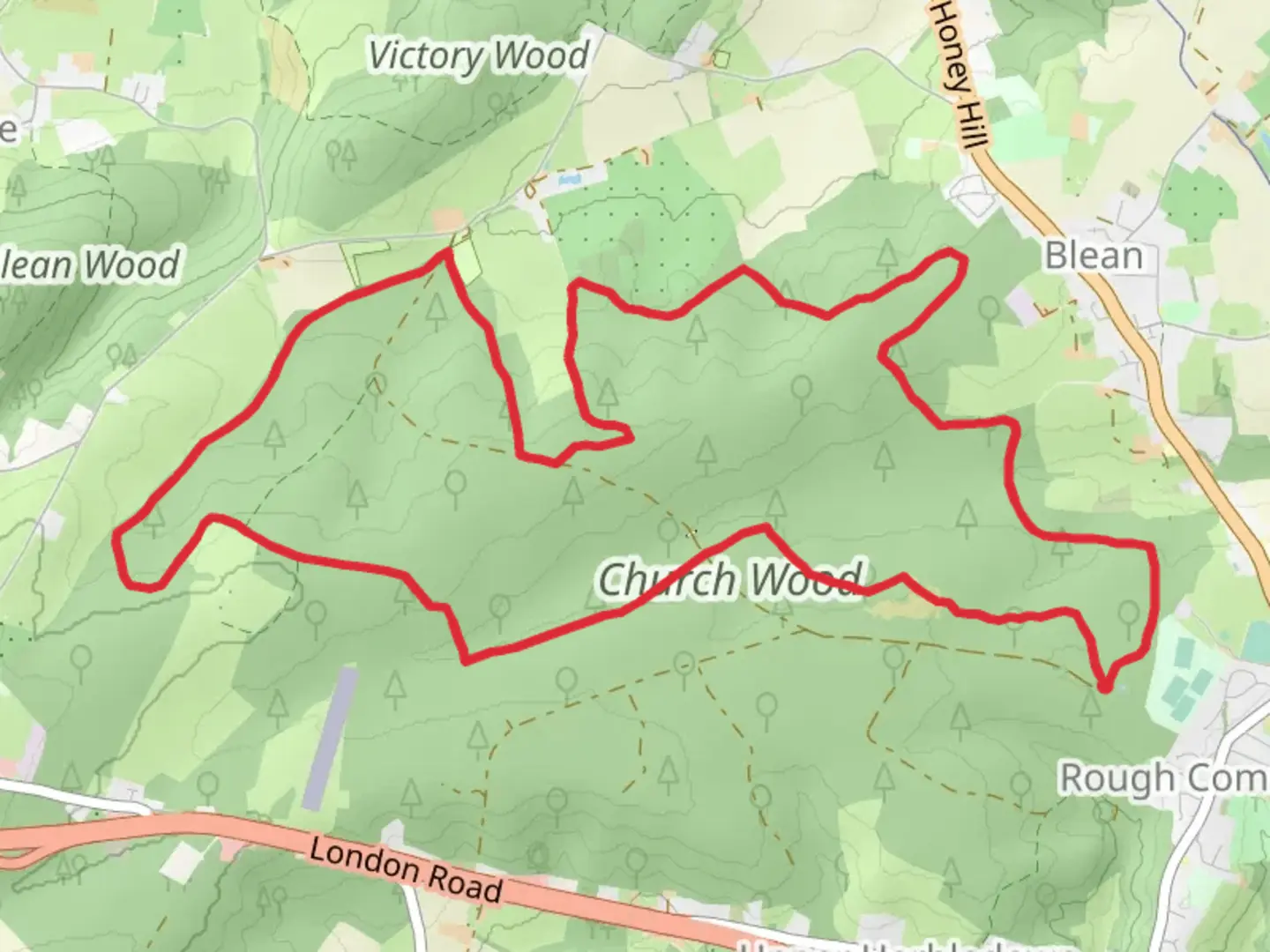 An image depicting the trail Church Wood Walk and its surrounding area.