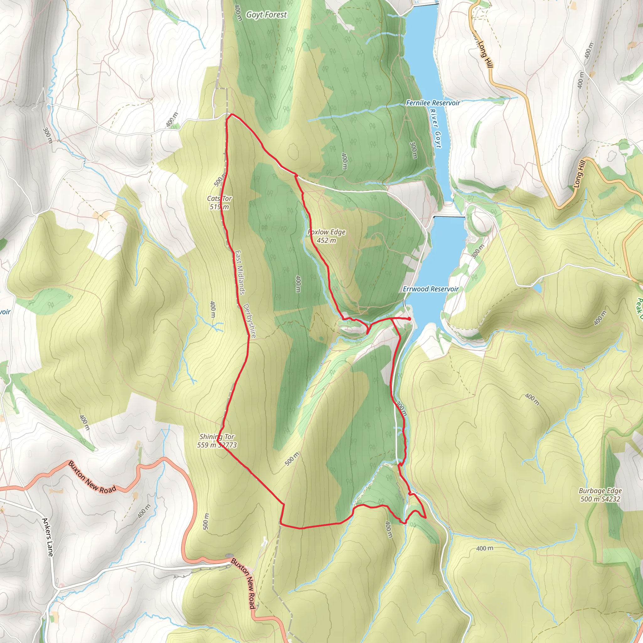 Errwood Hill, Cats Tor and Shining Tor Loop - Errwood Reservoir mobile static map