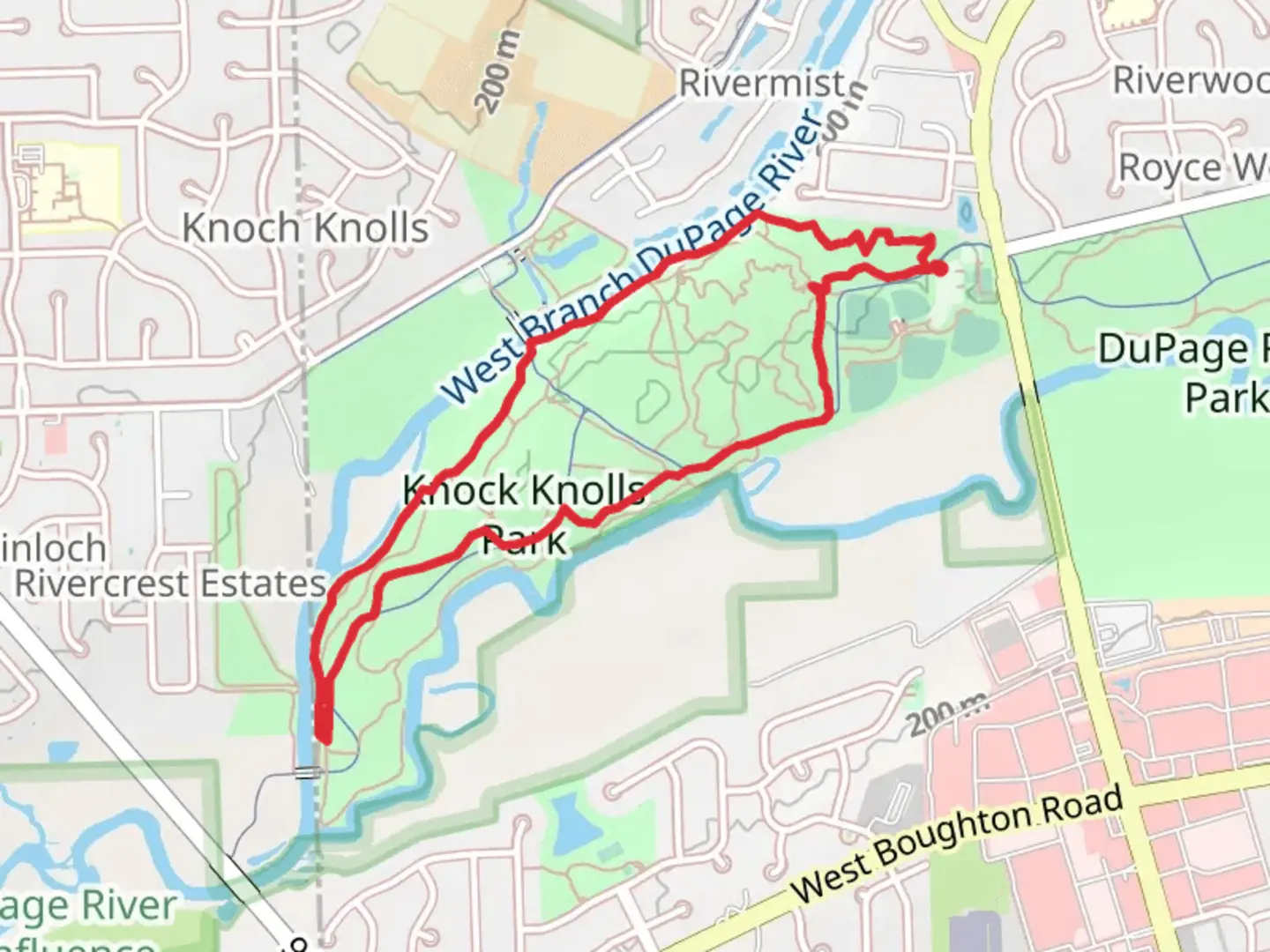 An image depicting the trail DuPage River and River Loop Trail - Knock Knolls Park and its surrounding area.