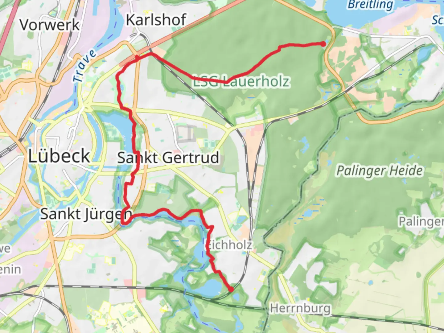 An image depicting the trail Finnland to Alt Lauerhof via Wakenitz and Draegerweg and its surrounding area.