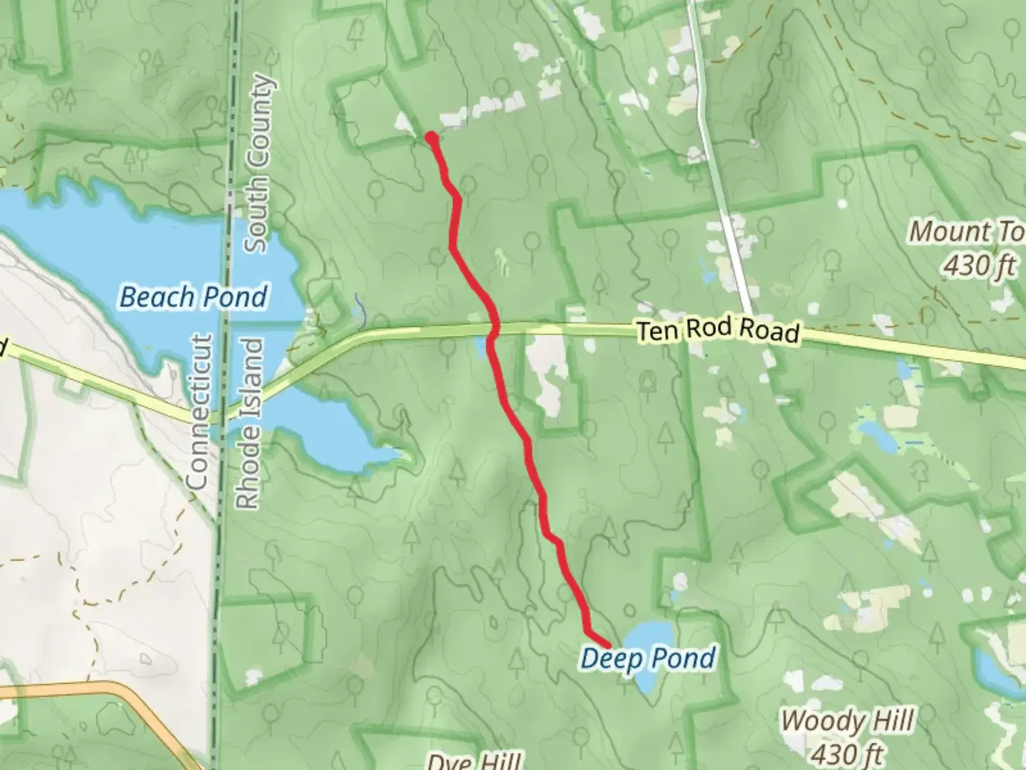 An image depicting the trail Deep Pond from Old Voluntown Road and its surrounding area.