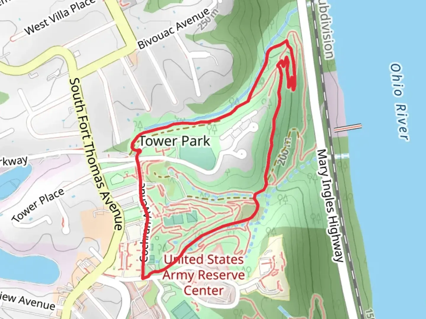 An image depicting the trail Tower Park and Model Native Garden Loop and its surrounding area.