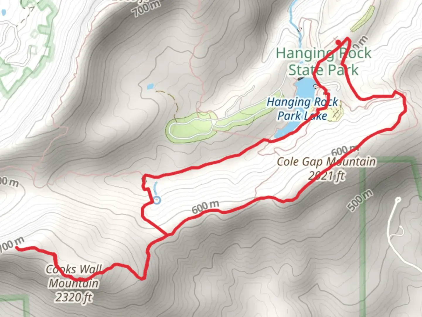 An image depicting the trail Cole Gap Mountain, Cooks Wall Mountain and Hanging Rock Park Lake Loop and its surrounding area.
