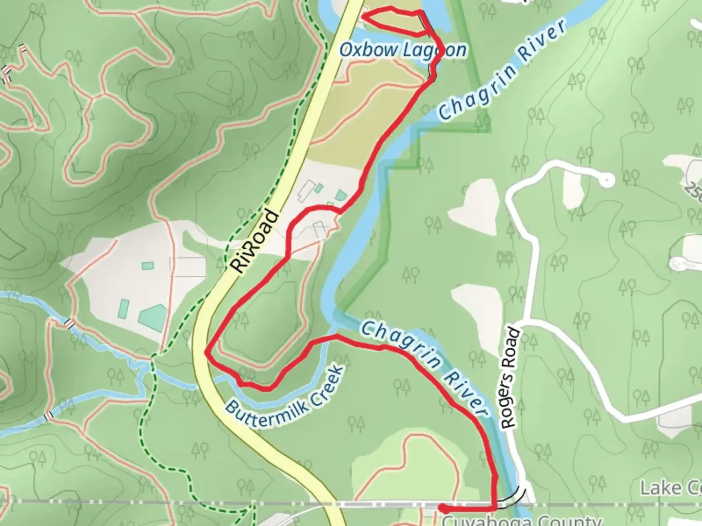 An image depicting the trail Chagrin River Trail and Lily Lagoon Loop and its surrounding area.