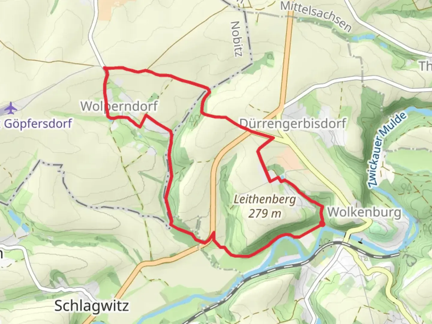 An image depicting the trail Wolkenburg - Wolpersdorf and its surrounding area.