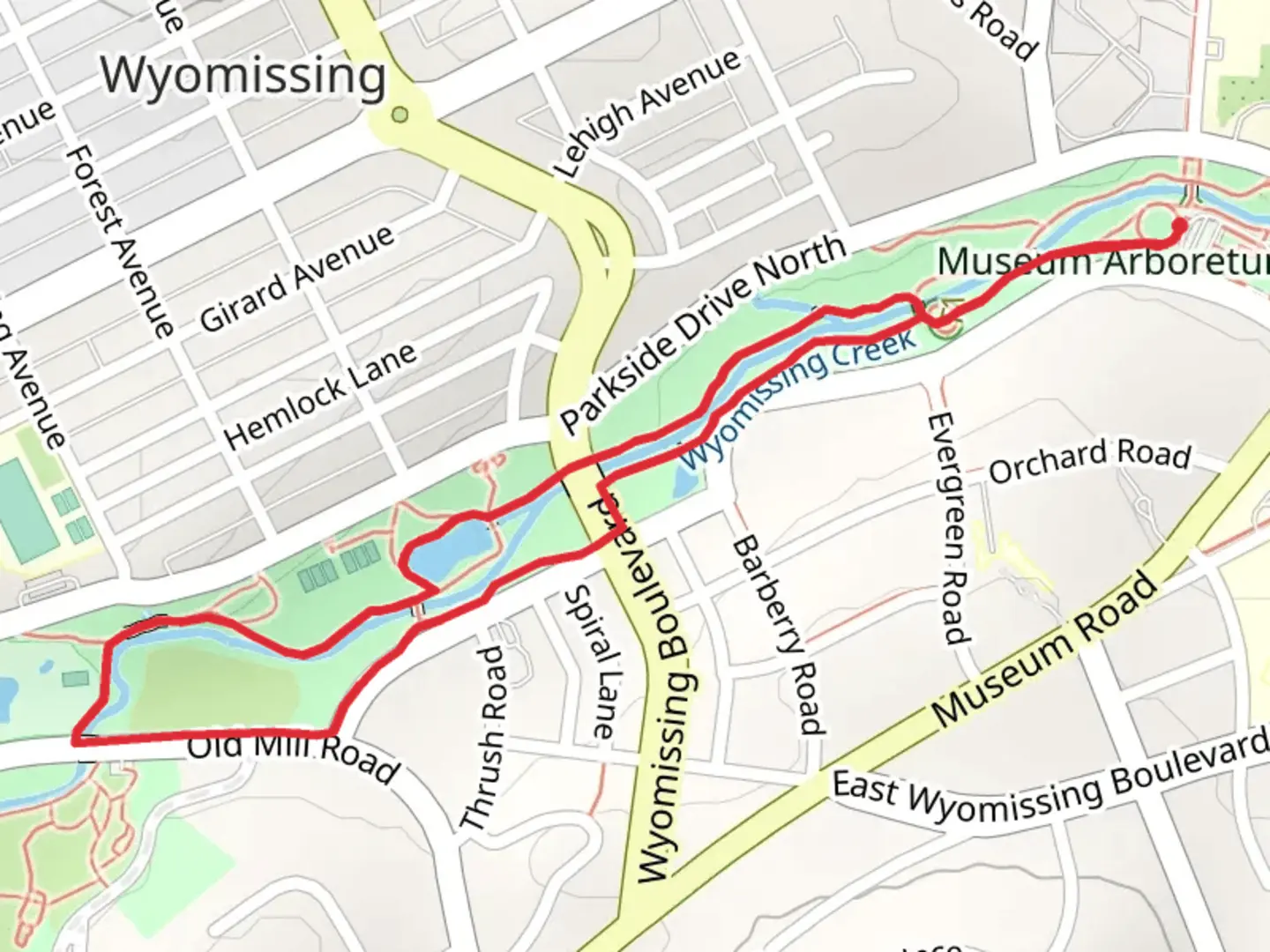An image depicting the trail Stone House Pond and Wyomissing Creek Loop and its surrounding area.