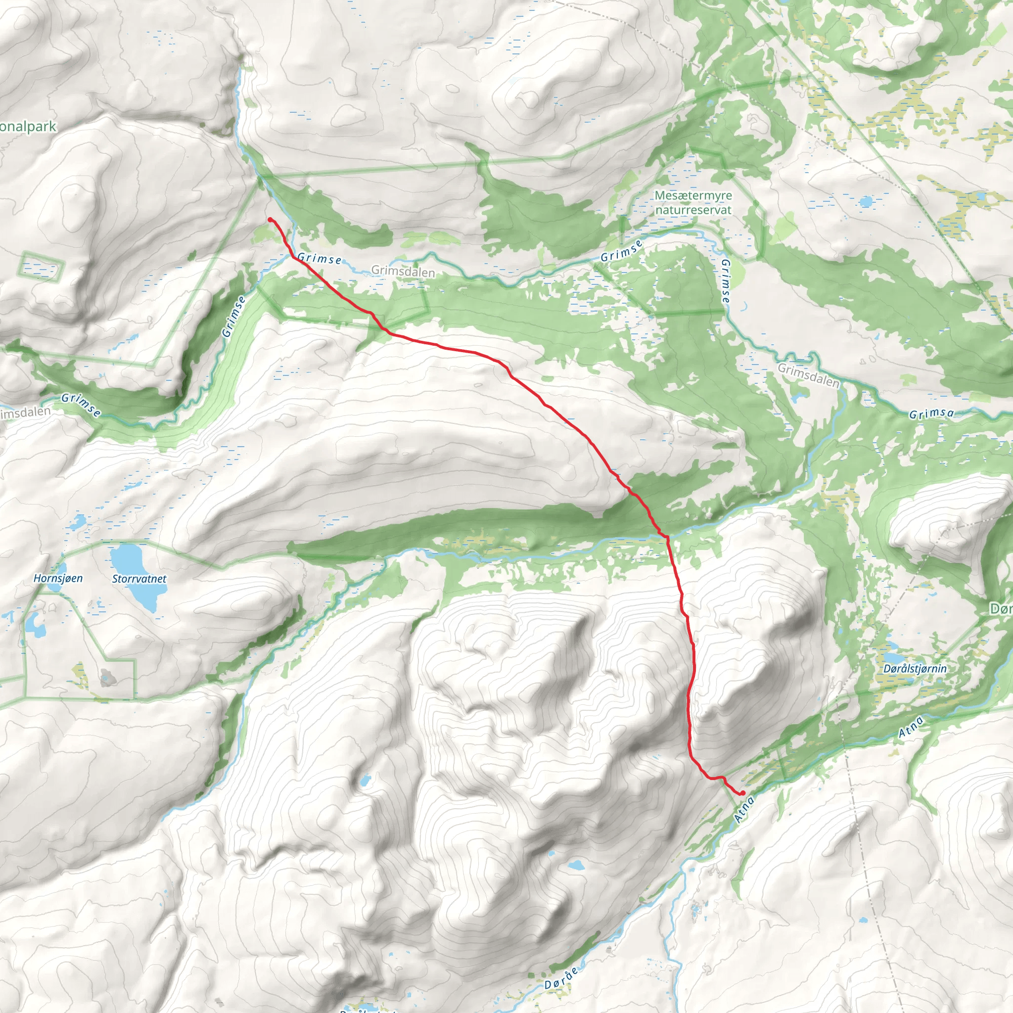 Nedre Dørålseter Turisthytte to Grimsdalshytta DNT mobile static map
