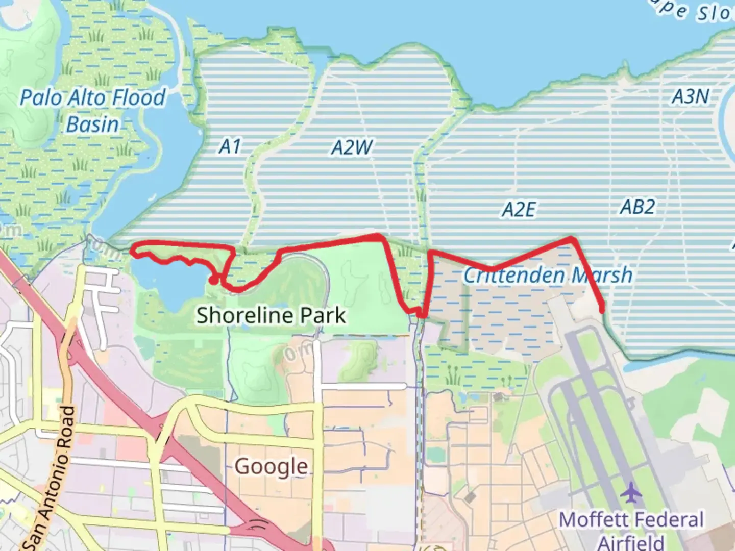 An image depicting the trail Shoreline Lake via San Francisco Bay Trail and its surrounding area.