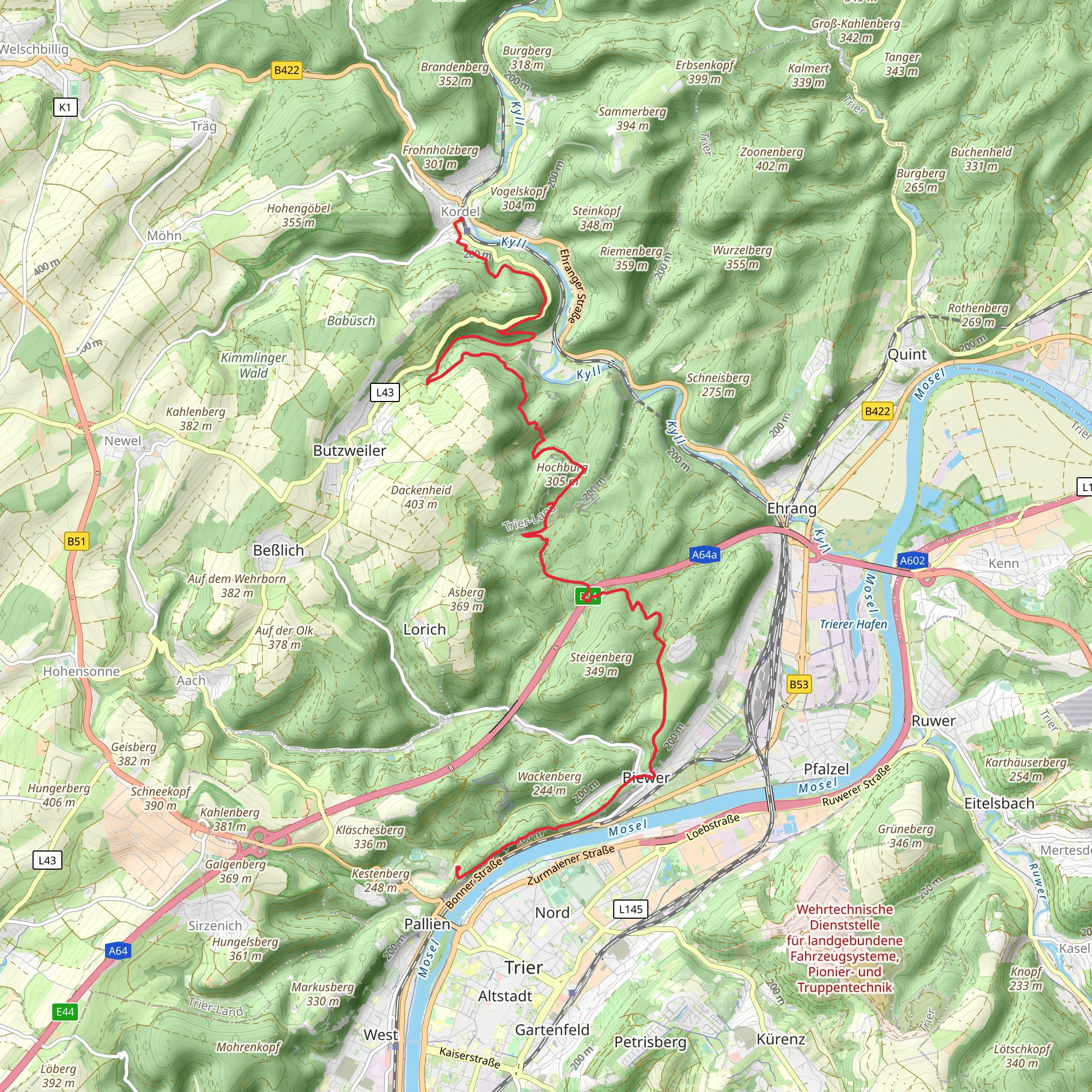 Kordel to Trier Pallien Walk via Burg Ramstein mobile static map