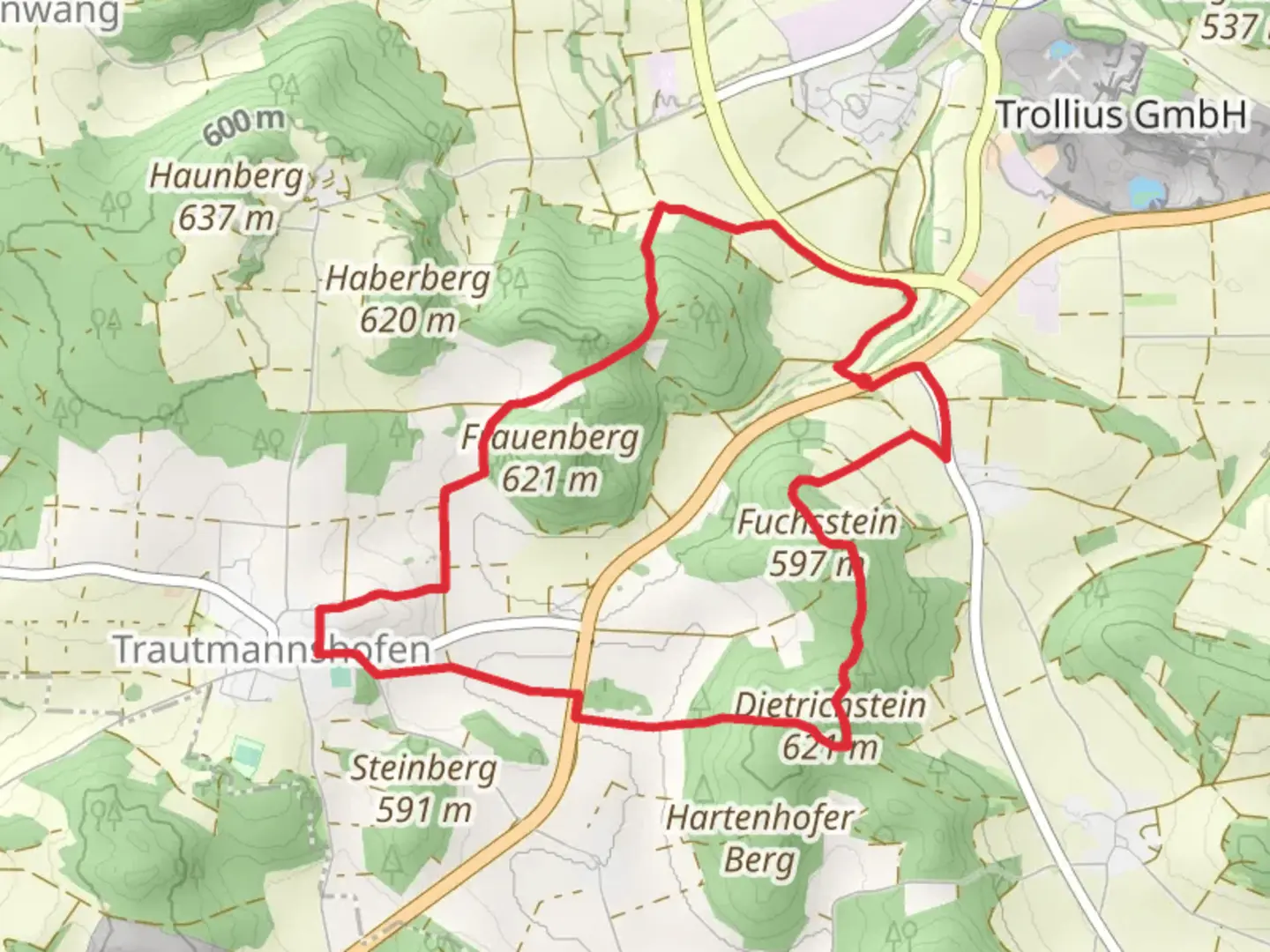 An image depicting the trail Rundweg Lauterhofen LTH 5 and LTH 6 and its surrounding area.