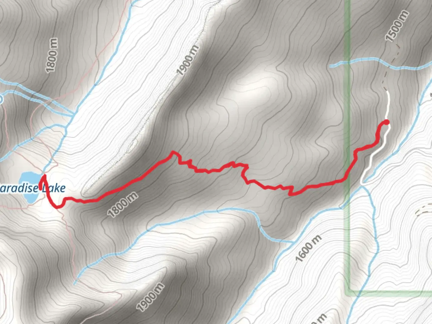 An image depicting the trail Paradise Lake via Rye Patch Trail and its surrounding area.