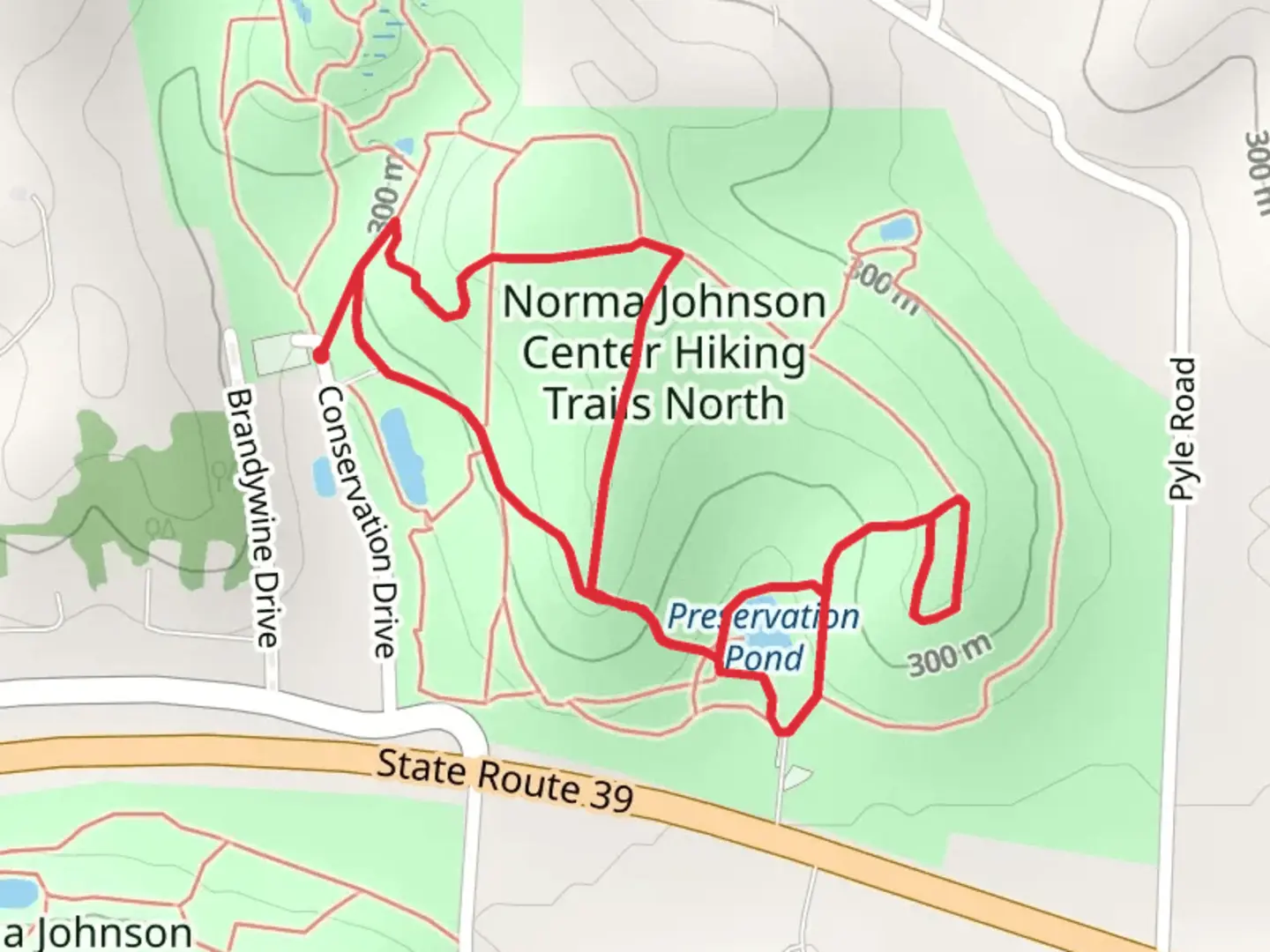 An image depicting the trail Ash, Preservation Pond and Dogwood Loop and its surrounding area.