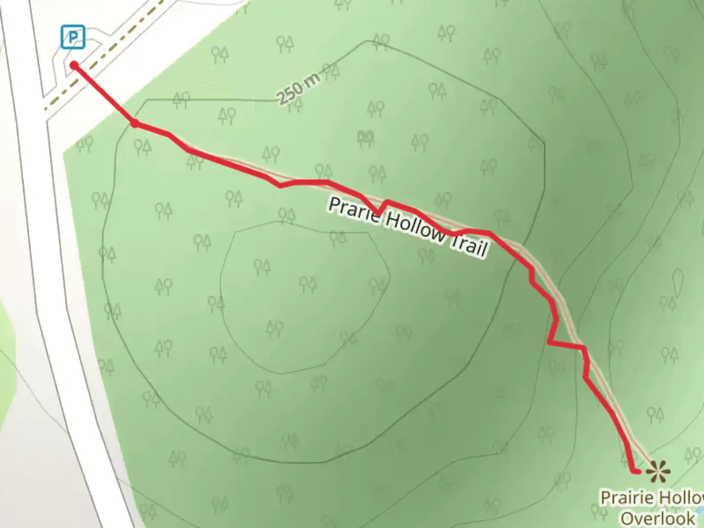 An image depicting the trail Prairie Hollow Waik and its surrounding area.