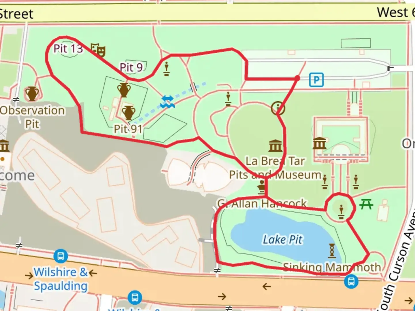 An image depicting the trail Hancock Park and Lake Pit Loop and its surrounding area.