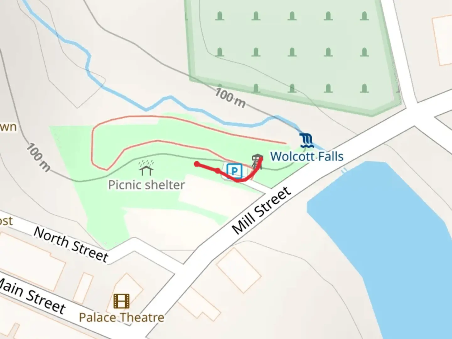 An image depicting the trail Wolcott Falls Park and its surrounding area.