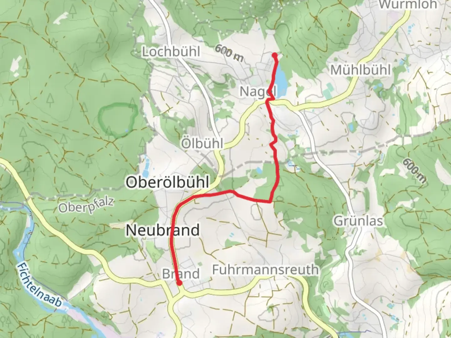 An image depicting the trail Brand to Nagel Walk via Nagler See and its surrounding area.