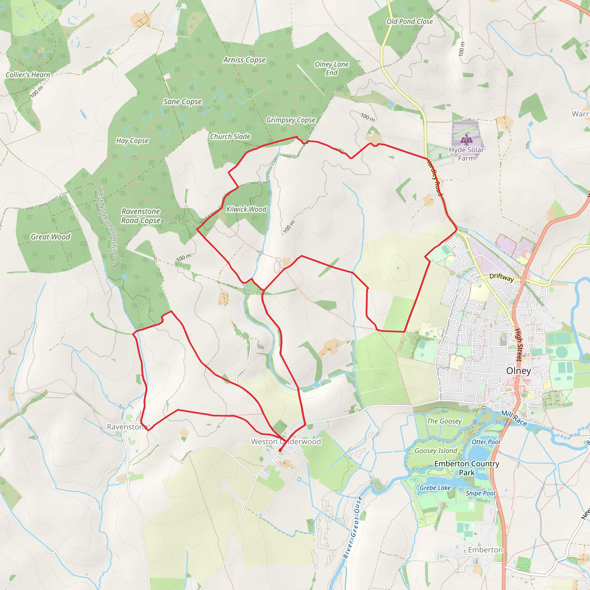 Kilwick Wood, Olney Country Park and Milton Keynes Boundary Walk mobile static map