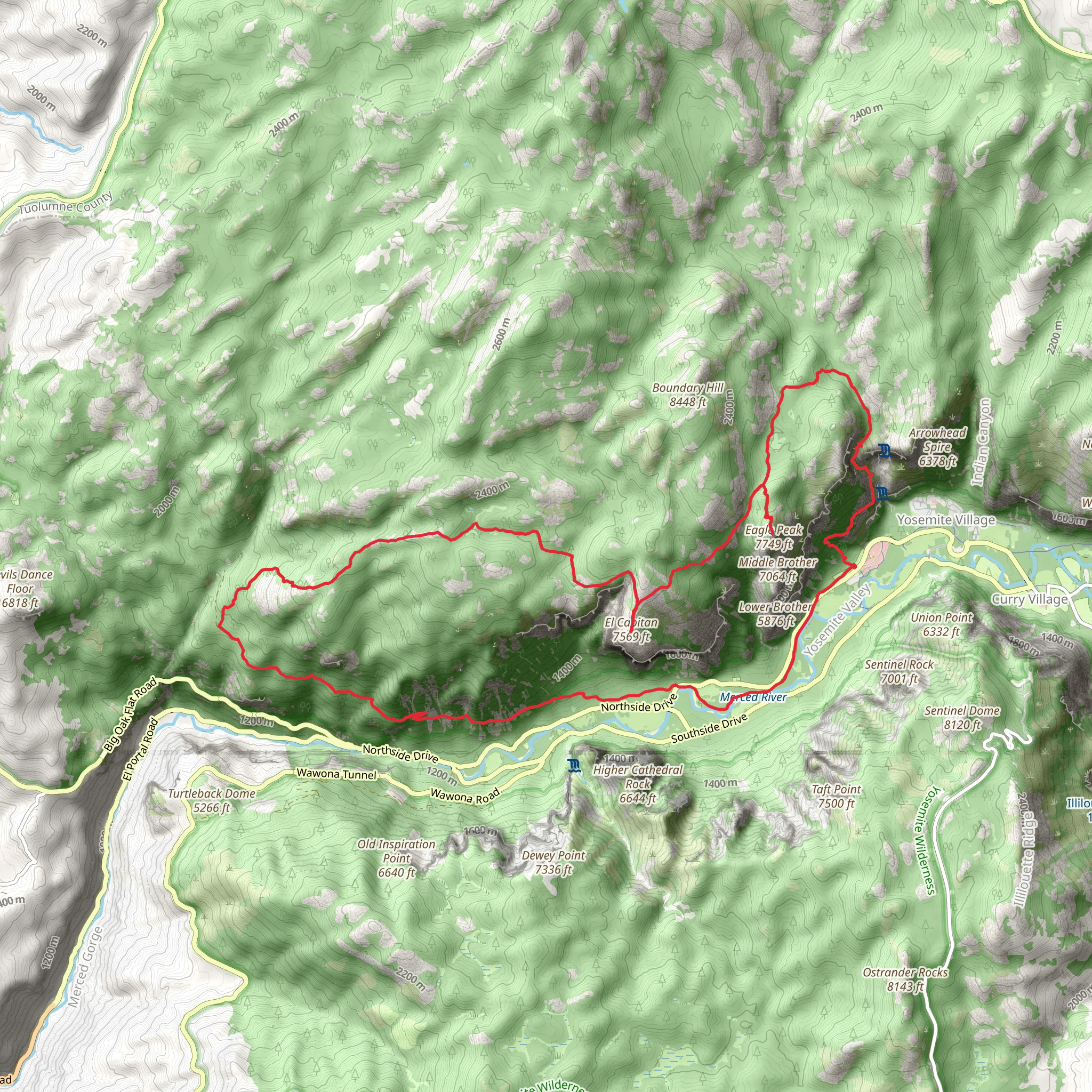 Upper Yosemite Fall, Eagle Peak, El Capitan and Old Big Oak Flat Road Loop Trail mobile static map