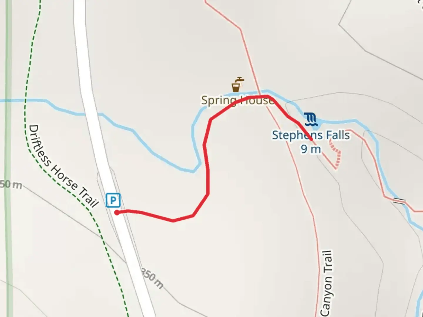 An image depicting the trail Stephens Falls Trail and its surrounding area.