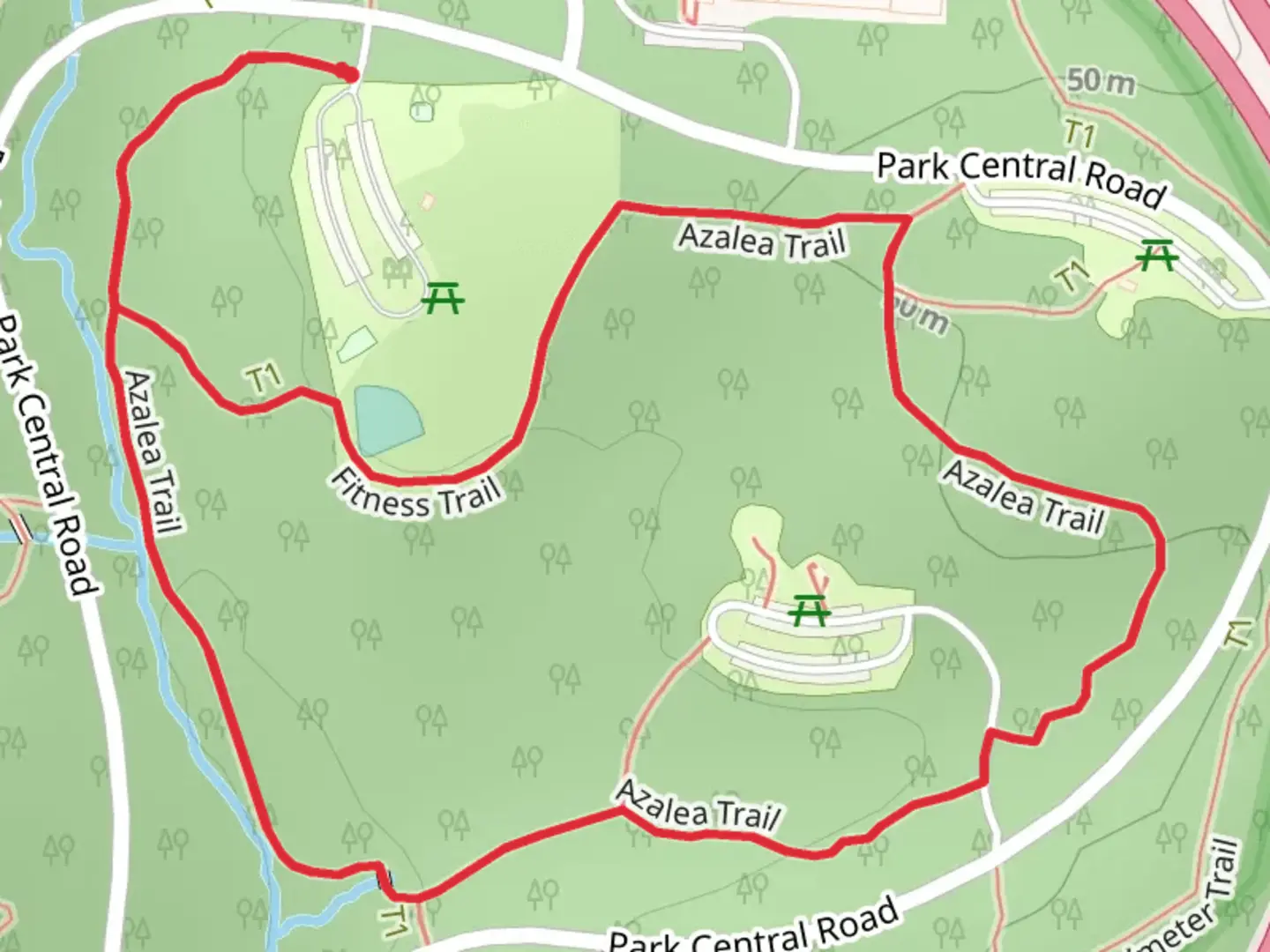 An image depicting the trail Azalea Trail and Fitness Loop Trail and its surrounding area.