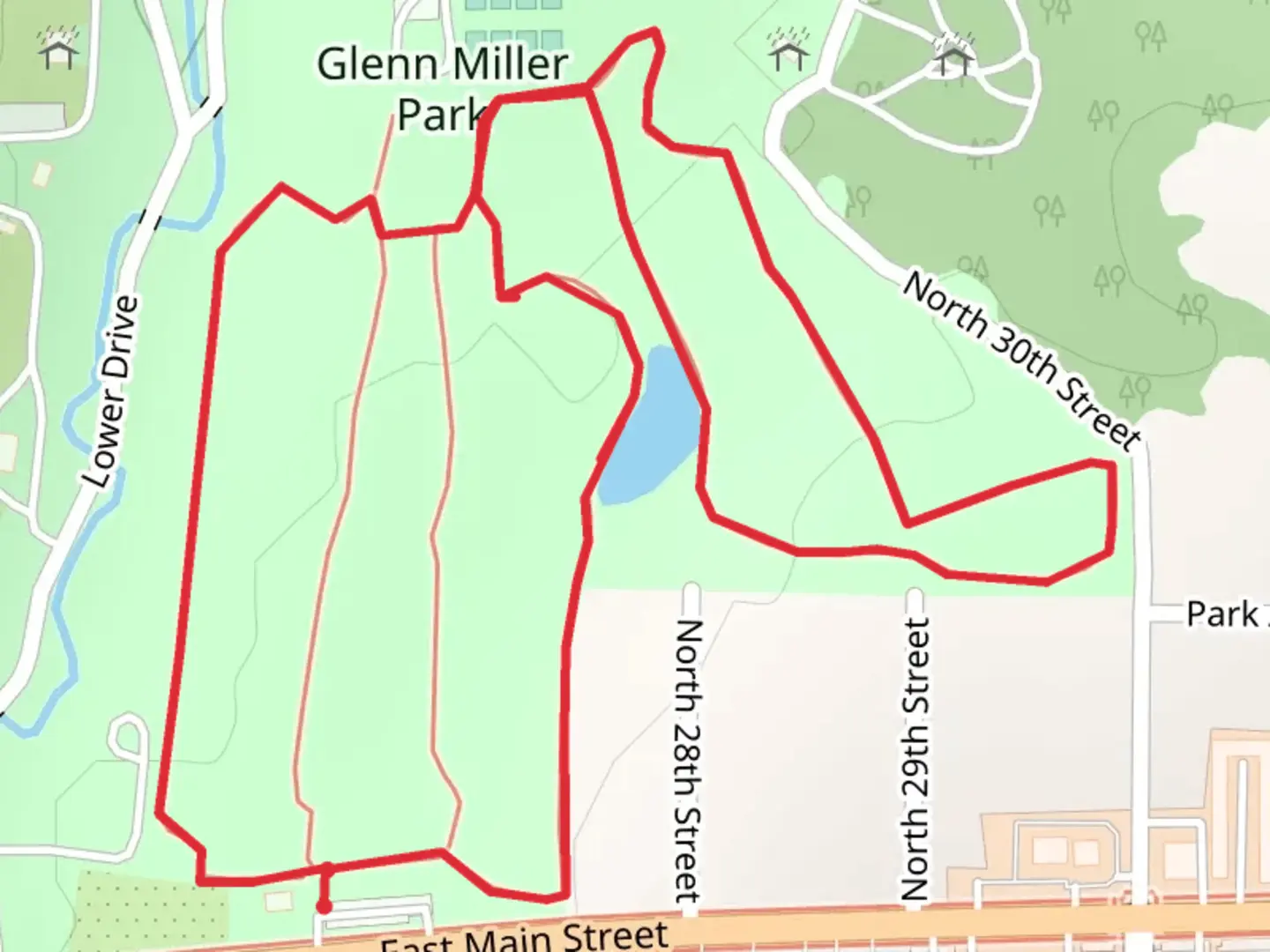 An image depicting the trail Rose Garden and Glen Miller Park Loop and its surrounding area.