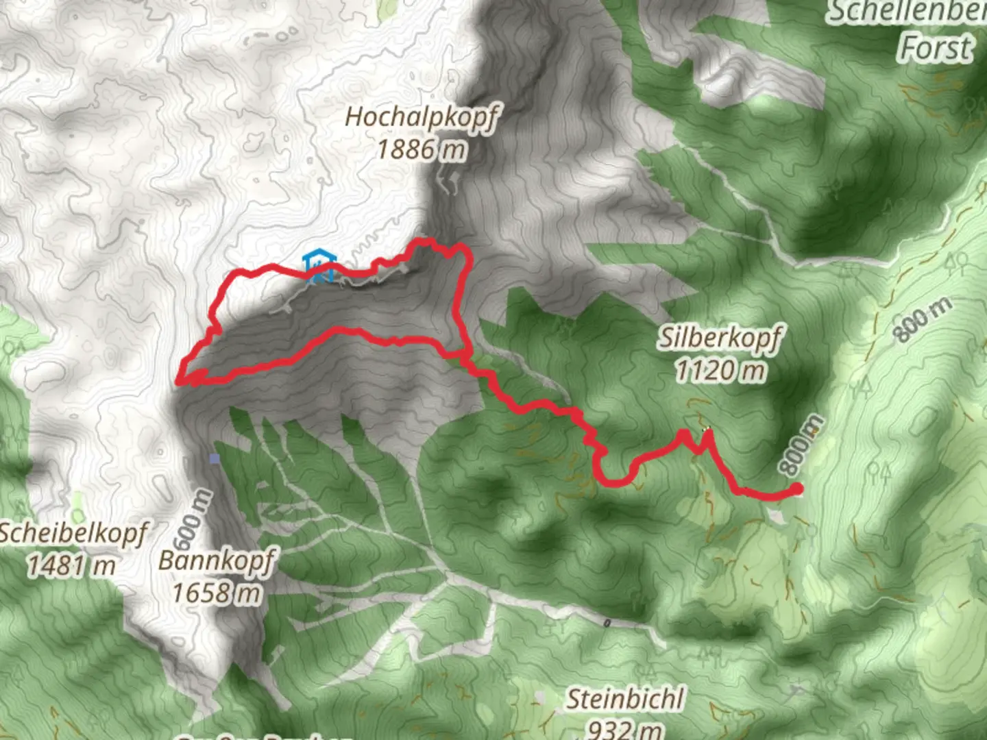An image depicting the trail Berchtesgadener Hochthron and Mittagsloch-Nord Peak Loop via AV Weg 466 and its surrounding area.