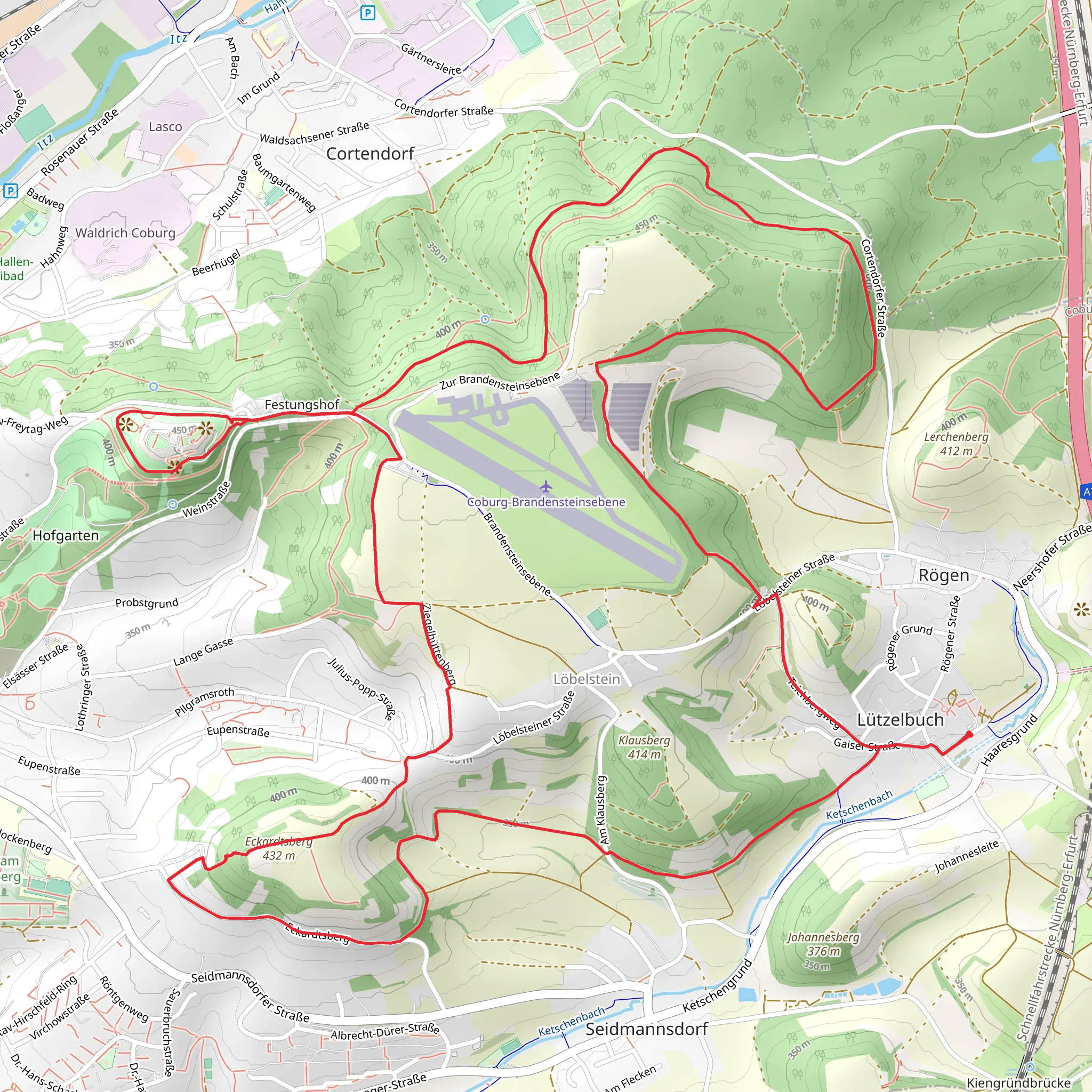 Eckardtsberg via Coburger Rundwanderweg and Carl Escher Weg mobile static map