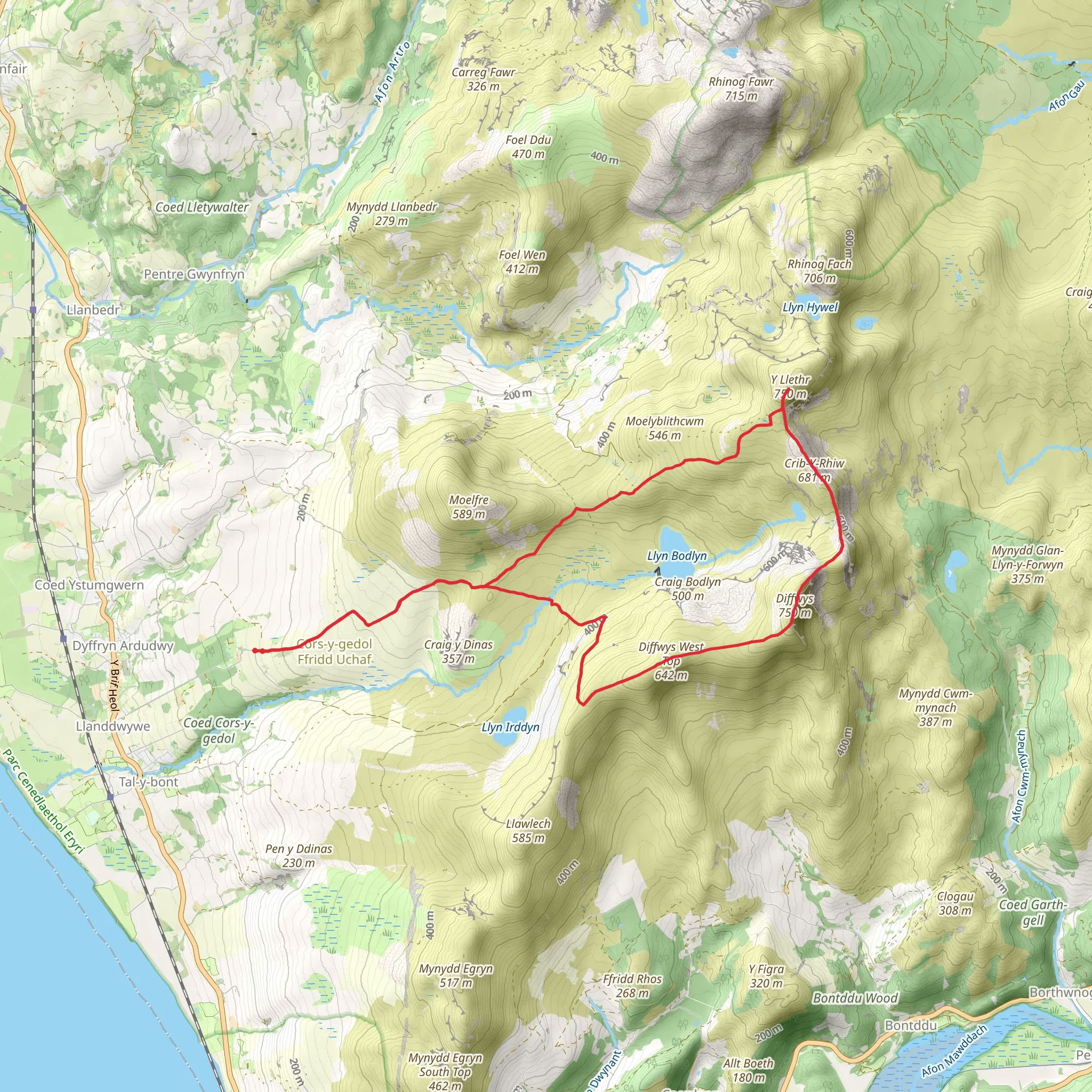 Y Llethr and Diffwys from Dyffryn Ardudwy mobile static map