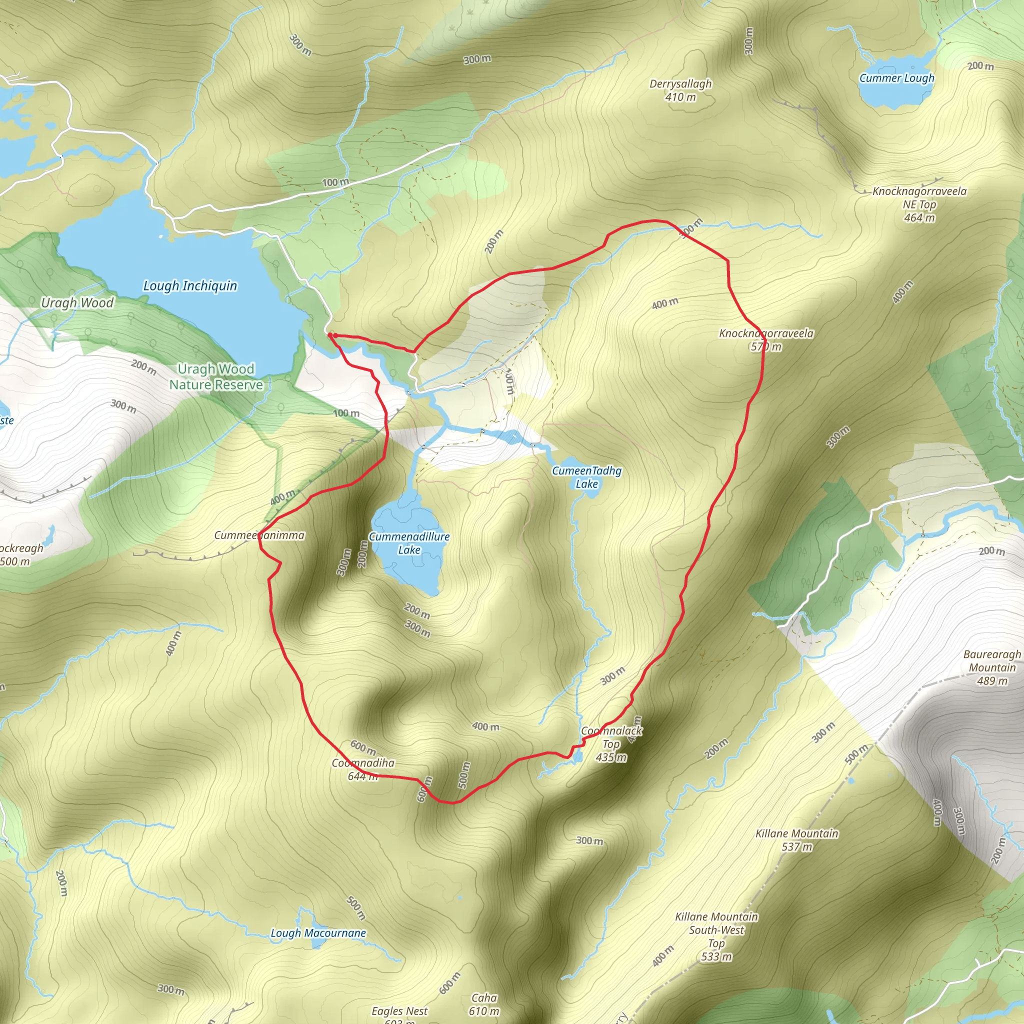 Coomnadiha and Knocknagorraveela Loop from Lough Inchiquin mobile static map