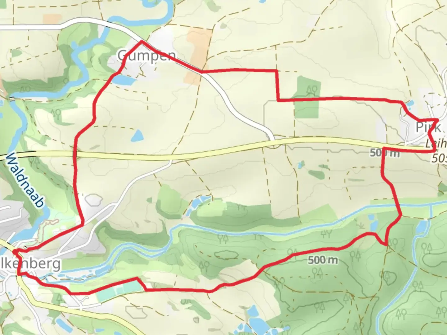 An image depicting the trail Main Mies Weg and Falkenberg-Mitterteich and its surrounding area.