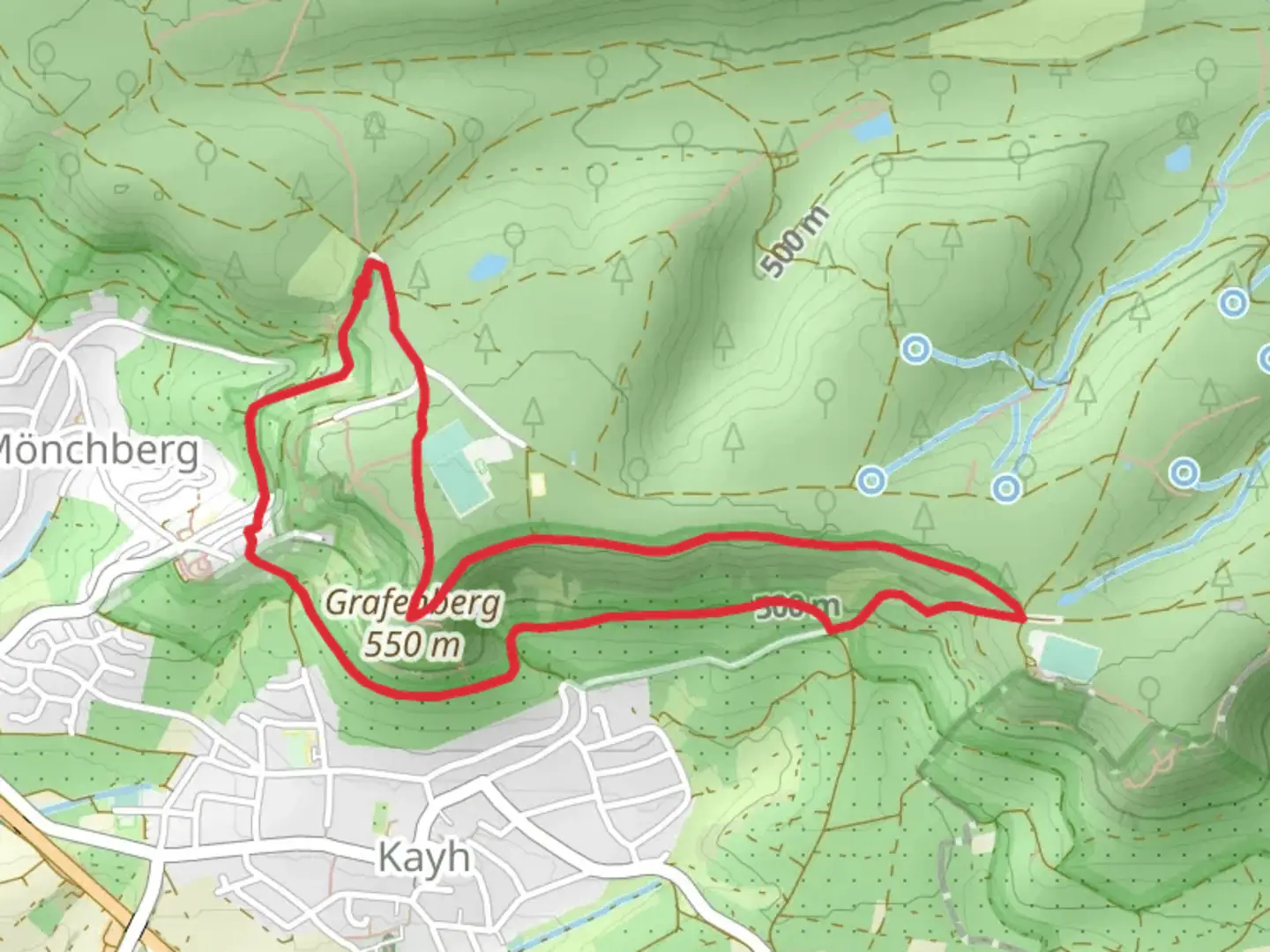 An image depicting the trail Grafenberg Loop via SchönbuchTrauf and its surrounding area.
