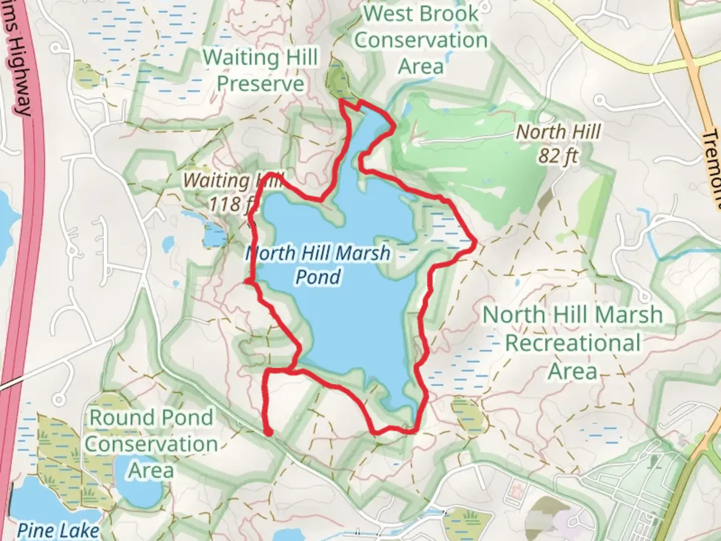 An image depicting the trail North Hill Marsh and Waiting Hill Loop and its surrounding area.