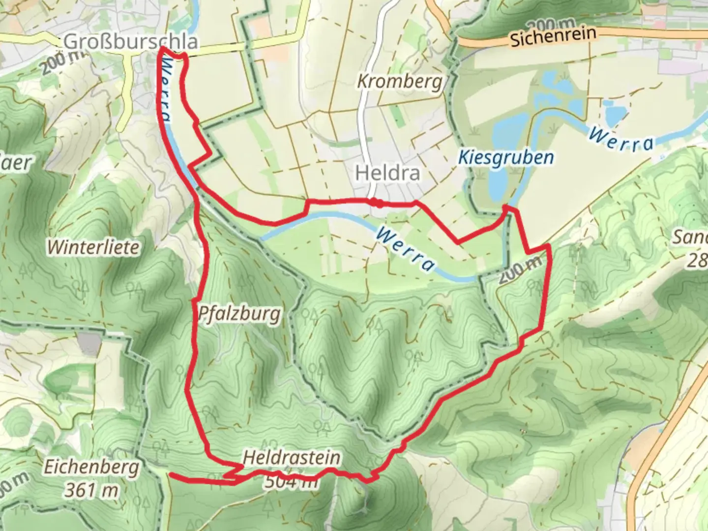 An image depicting the trail Heldrastein via Premiumweg Heldrastein and its surrounding area.