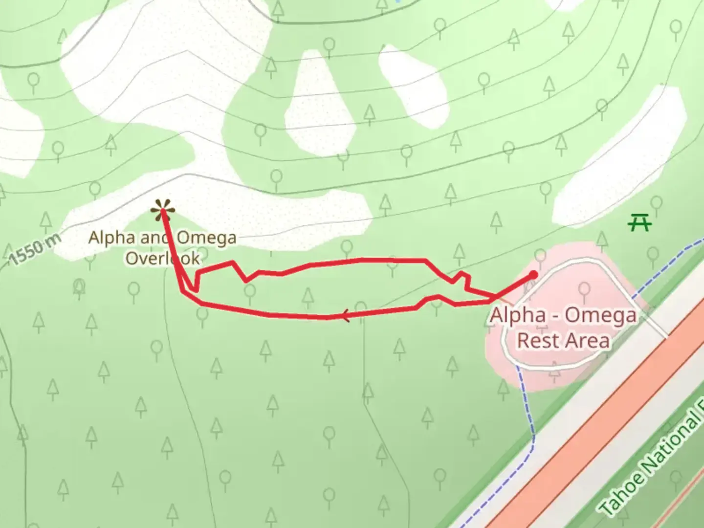An image depicting the trail Omega Road Loop and its surrounding area.