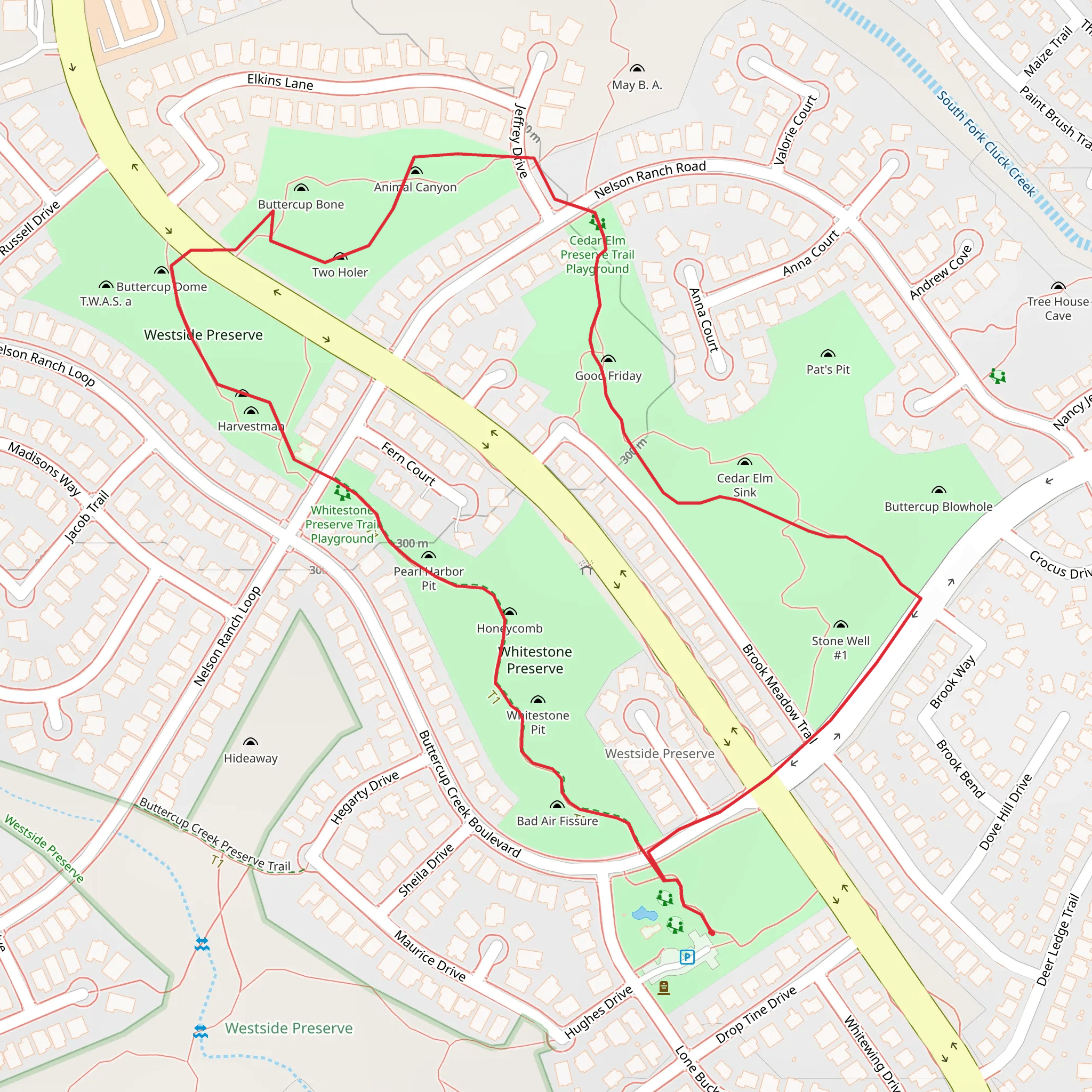 Likeline Park, Whitestone Preserve and Westside Preserve Loop via White and Cedar Elm Preserve Trail mobile static map