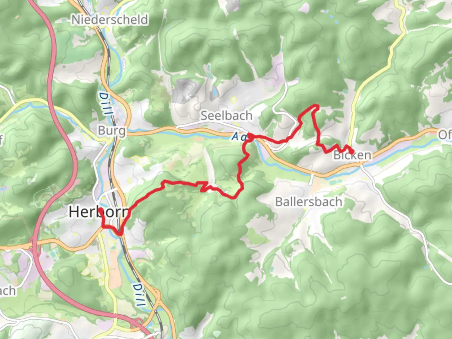 An image depicting the trail Herborn to Bicken via Dernbachwiesen and its surrounding area.