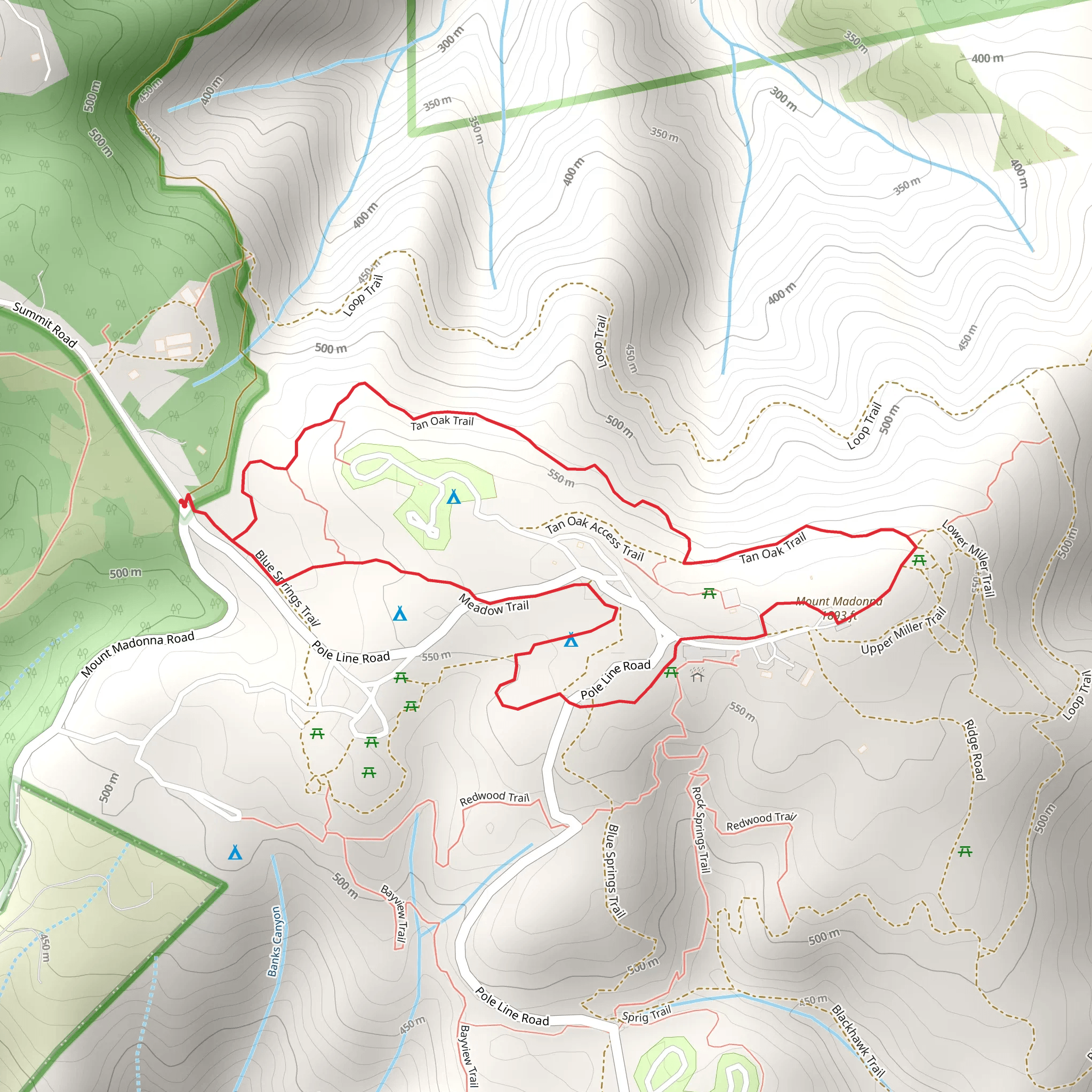 Mount Madonna and Manzanita Group Camp via Tank Oak TrailLoop mobile static map